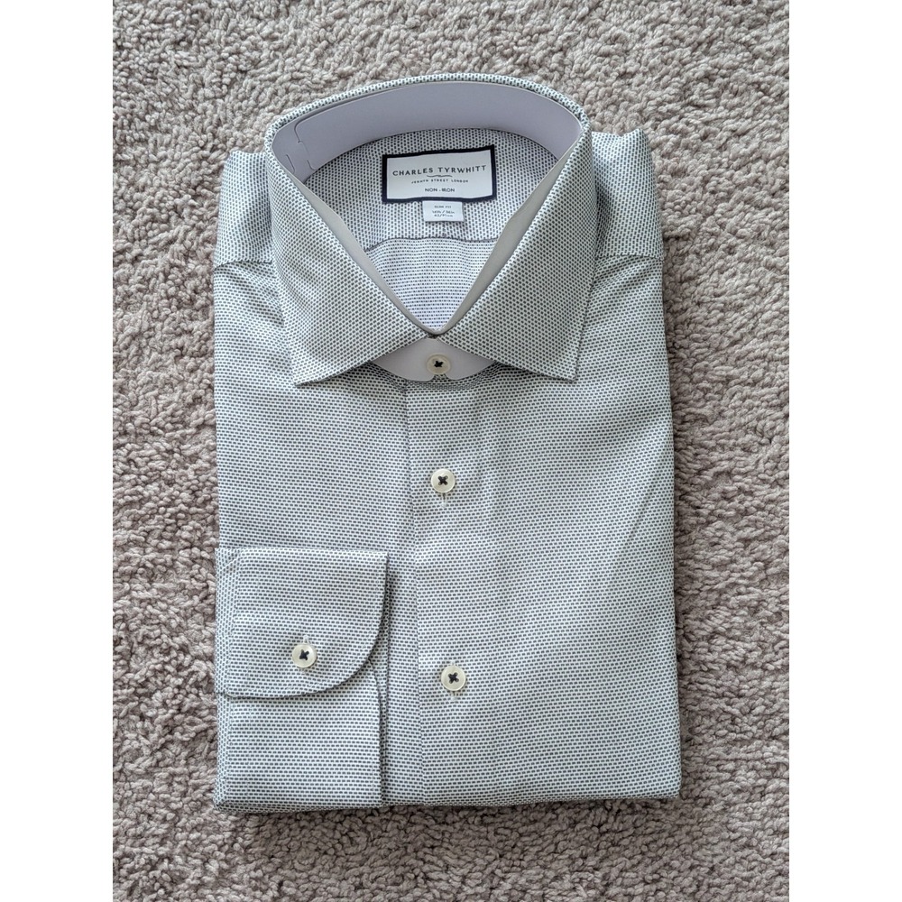 Charles Tyrwhitt Shirt 16.5/36 Dark Blue Rectangle Texture Slim Button Up NWT